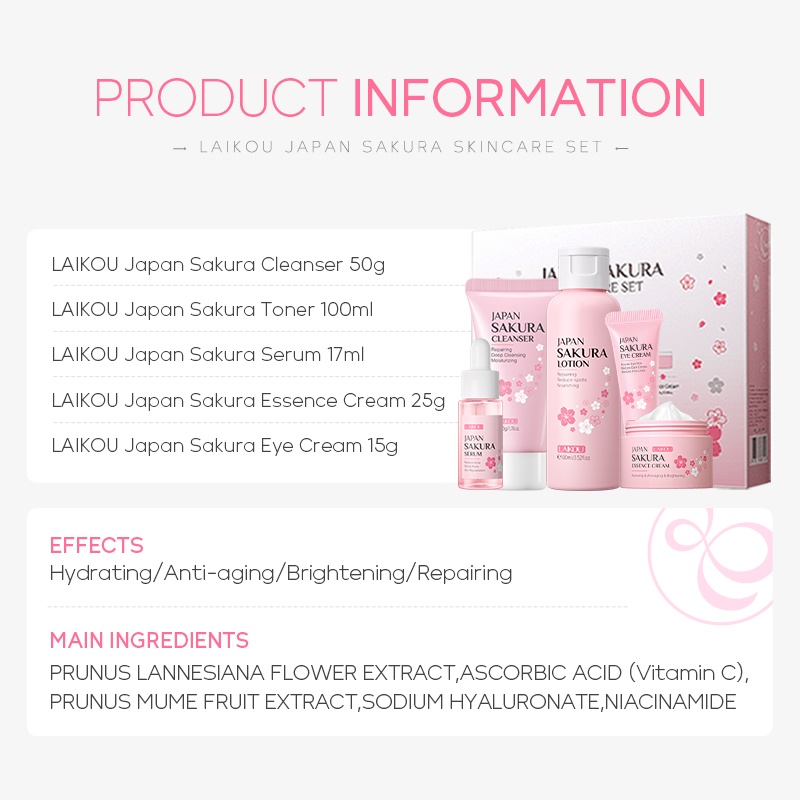 ภาพสินค้าLAIKOU Japan Sakura Skin Care Set Brighten Skin Tone Nourishing Moisturizing Skincare 5pcs/Set จากร้าน laikou.thailand บน Shopee ภาพที่ 1