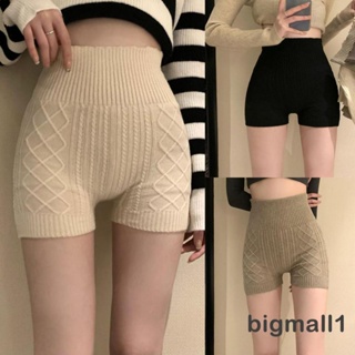 Bigmall-women ́s ฤดูใบไม้ร่วงฤดูหนาวกางเกงขาสั้นสกินนี่ด้านในสีทึบเอวสูงถักกางเกงขาสั้นต้นขาบาง