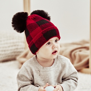 คริสมาสต์เด็กลายสก๊อตอบอุ่นหมวกขนบอลเรียบง่ายสะกดสีหมวกส่วนแม่ลูก