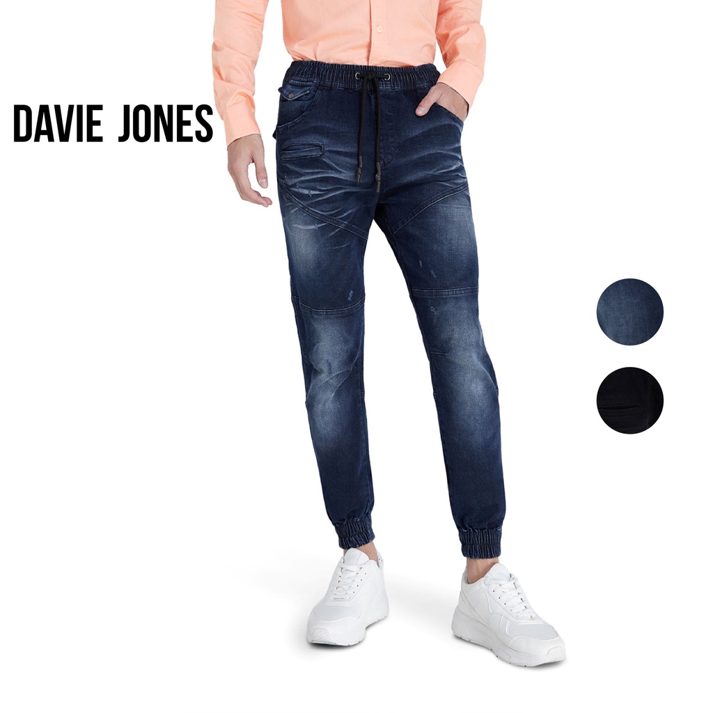 davie-jones-กางเกงจ็อกเกอร์-ยีนส์-เอวยางยืด-ขาจั๊ม-สีน้ำเงิน-สีดำ-drawstring-denim-joggers-gp0105nv-gp0106bk