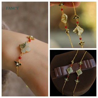 Fancyqube สร้อยข้อมือโซ่ ประดับไข่มุก หินหยก สีขาว สไตล์จีนวินเทจ หรูหรา สําหรับผู้หญิง