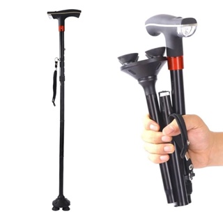 Elderly Folding Walking Cane Aluminum Support Crutches Anti-Slip Four-Leg Adjustable Stick with LED Light SOS Alarm