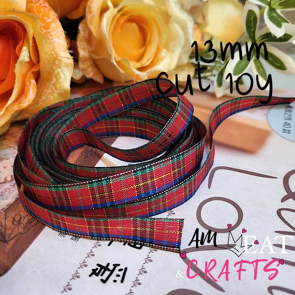 13mm-ริบบิ้น-ลายสก็อต-ริบบิ้น-ผ้าต่วน-ริบบิ้น-ribbon-for-diy-มีหลายสี-แบ่งตัดความยาวจากม้วนความยาว-ริบบิ้นสำหรับวันพิเศษ