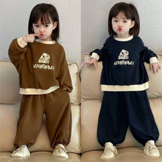 เสื้อกันหนาวลําลอง ผ้าฝ้าย ลายการ์ตูน และกางเกง ผ้าฝ้าย สไตล์เกาหลี สําหรับเด็กผู้ชาย และเด็กผู้หญิง จํานวน 2 ชิ้น