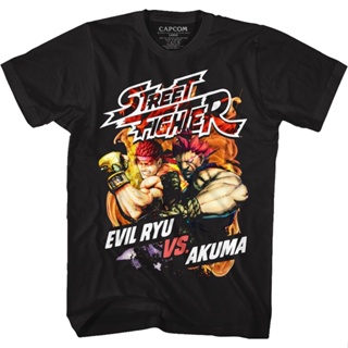 Evil Ryu vs Akuma Street Fighter T-Shirt เสื้อโอเวอร์ไซ เสื้อยืดคอกลม เสื้อยืดเปล่า