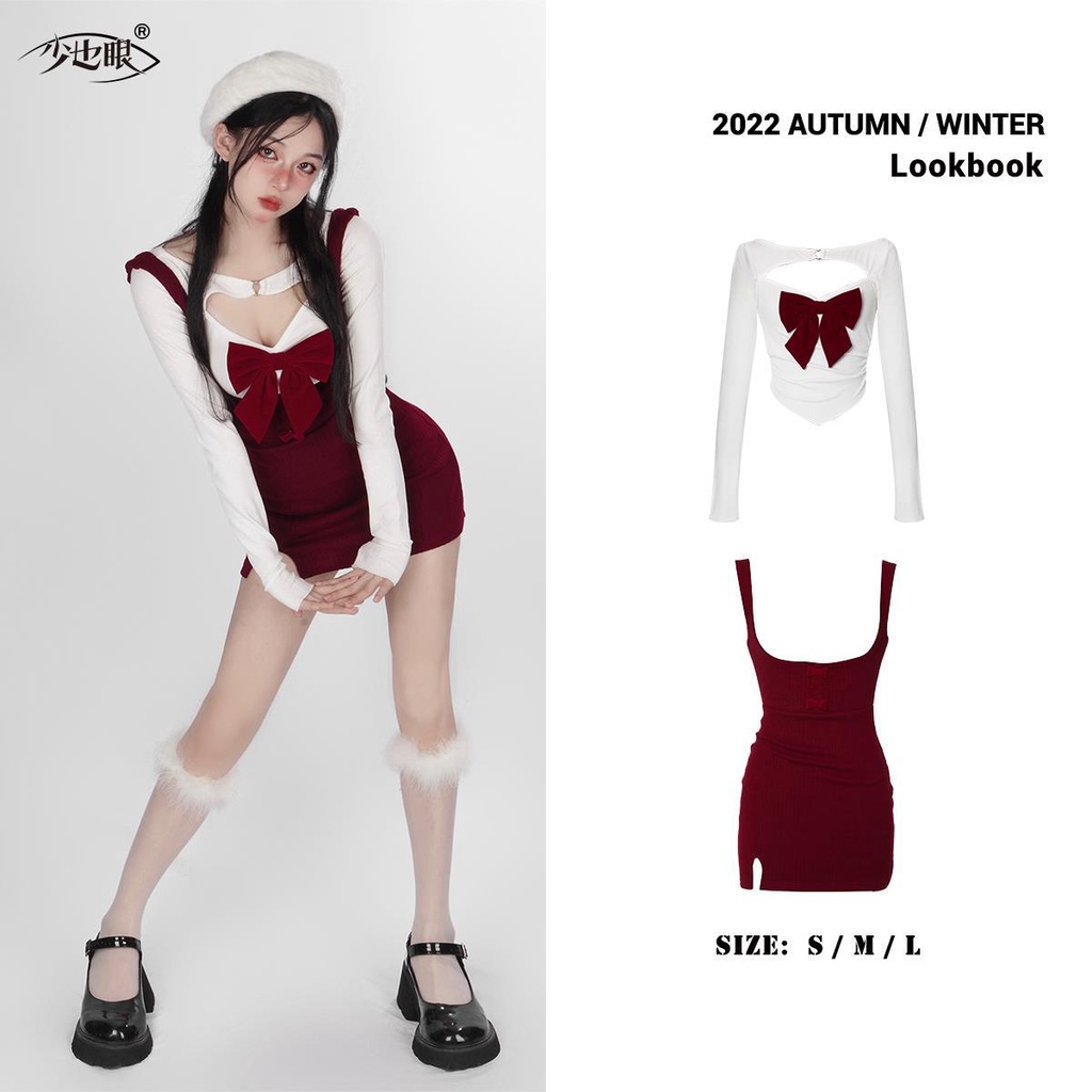 ชุดเซ็ตน่ารักๆ-เสื้อแขนยาว-กระโปรงแดง-ตกแต่งโบว์น่ารักๆ-เซ็ต-2-ชิ้น-ต้อนรับเทศกาลchristmas
