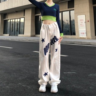 🔥จัดส่งจากประเทศไทย🔥สาวร้อน High Streetins Hip-hop ห้าแฉกดาว อเมริกัน ย้อนยุค พิมพ์ กางเกงยีนส์ สบายๆ หลวม กางเกง 02 1I6