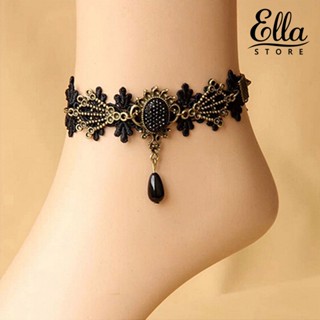 Ellastore123 สร้อยข้อเท้า ลูกไม้ ลายดอกไม้ สีดํา สไตล์วินเทจ สําหรับผู้หญิง