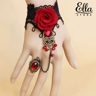 Ellastore123 สร้อยข้อมือลูกไม้ ลายดอกกุหลาบ พร้อมแหวนนิ้ว ปรับได้ สไตล์โกธิค หรูหรา สําหรับผู้หญิง