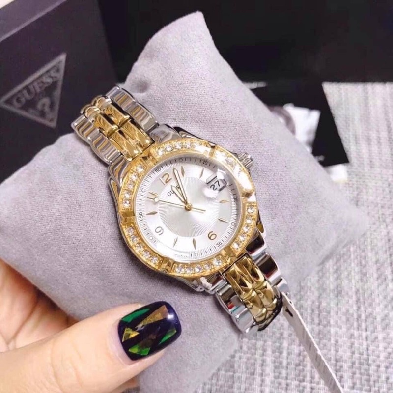 ผ่อน0-นาฬิกา-guess-womens-stainless-steel-two-tone-crystal-accented-watch-ขนาด36มม-หน้าปัดล้อมคริสตัล-ทูโทน