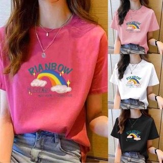 เสื้อยืดแขนสั้น คอกลม ทรงหลวม พิมพ์ลายสายรุ้ง แฟชั่นยอดนิยม สไตล์เกาหลี สําหรับผู้หญิง