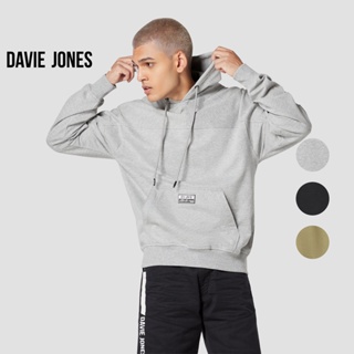 DAVIE JONES เสื้อฮู้ด ทรง Relaxed Fit พิมพ์ลาย สีดำ สีเทา สีกากี Pullover Hoodie in black grey khaki PU0013TD BK KH
