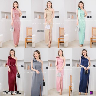 W18148 Maxi Dress เดรสยาวไหล่เบี่ยง โบว์ใหญ่