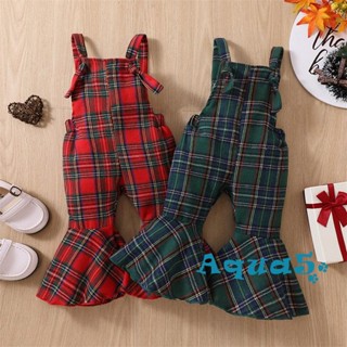 AQQ-Kids Girls Suspender Pants, Vintage Elastic Waist Plaid Flare Pants for Casual Daily