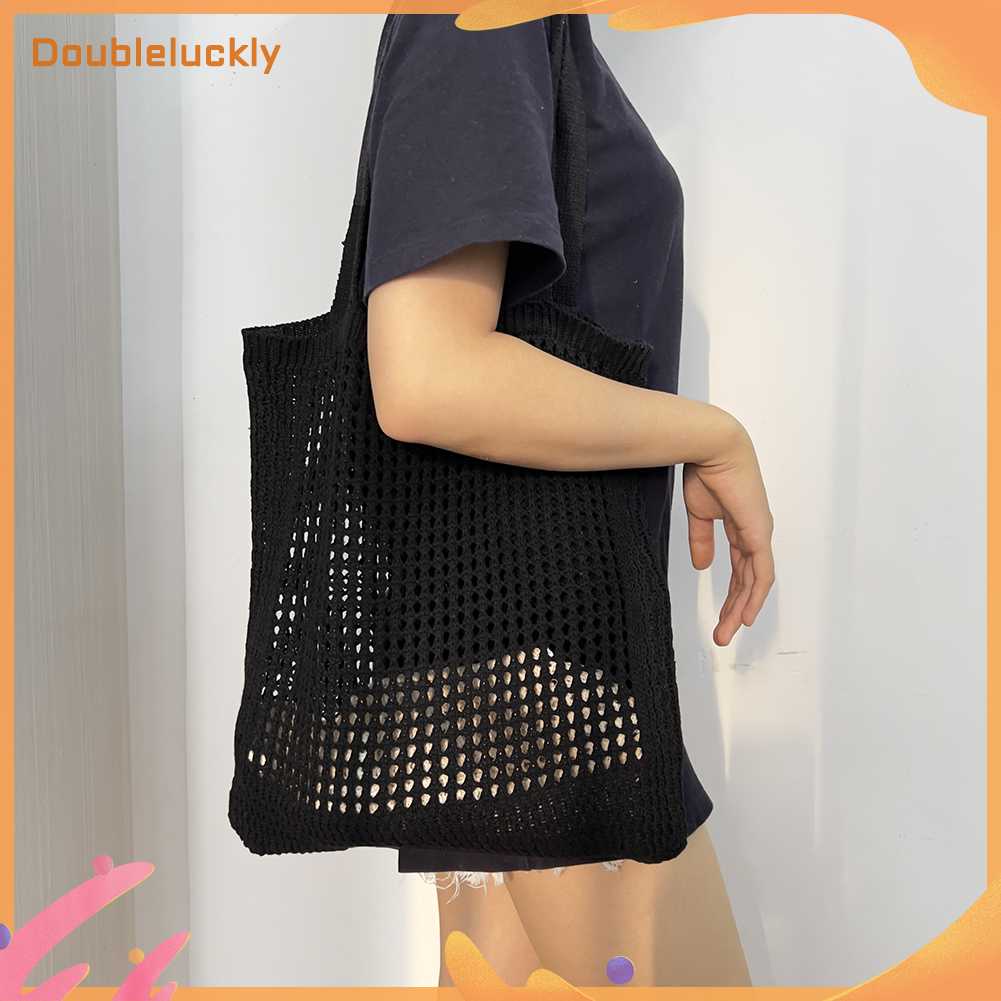 มีสินค้า-doubleluckly-ผู้หญิงคุณภาพสูงกลวงถักกระเป๋าสะพายไหล่ถักง่ายนักช้อปกระเป๋าถือ-สีดำ