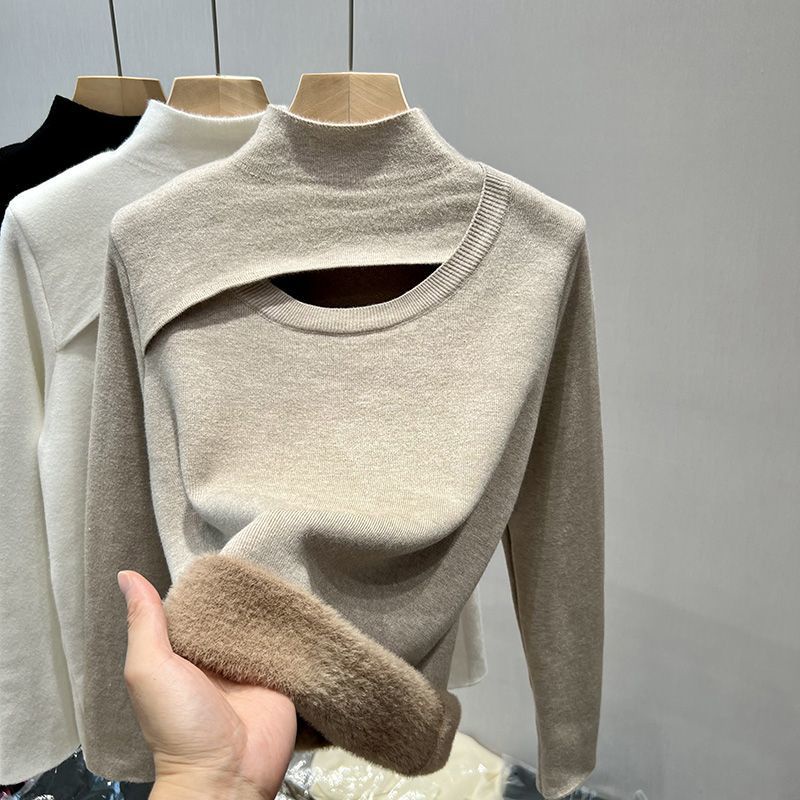 coatsweater-เสื้อกันหนาวสาวอวบอ้วน-เสื้อสเวตเตอร์คอสูงครึ่งตัวบุขนกำมะหยี่หนาพิเศษสำหรับฤดูใบไม้ร่วงและฤดูหนาว2022คุณภาพสูงเสื้อตัวในกำมะหยี่หนาพิเศษสำหรับผู้หญิง