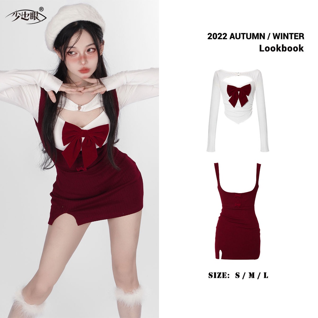 ชุดเซ็ตน่ารักๆ-เสื้อแขนยาว-กระโปรงแดง-ตกแต่งโบว์น่ารักๆ-เซ็ต-2-ชิ้น-ต้อนรับเทศกาลchristmas