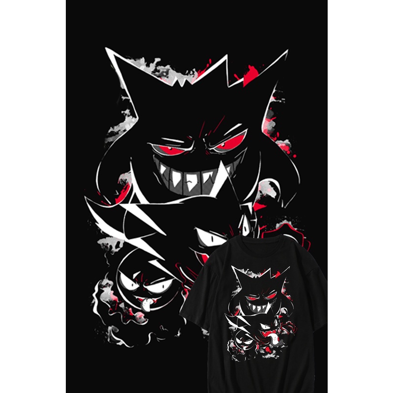 pok-mon-gengar-three-brothers-print-t-shirt-180g-round-neck-short-sleeve-cotton-anime-tshirtเสื้อยืด-เสื้อยืดสีพื้น