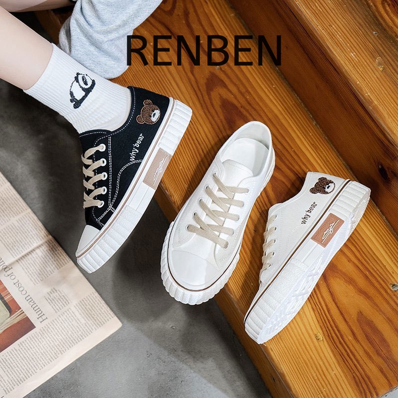 renben-รองเท้าสีขาวเล็ก-ๆ-น้อย-ๆ-ผู้หญิงอเนกประสงค์-ins-ถนนยิงรองเท้าน้ําขึ้นน้ําลงช่องการออกแบบเดิมสูงด้านบนรองเท้าผ้าใบหมี