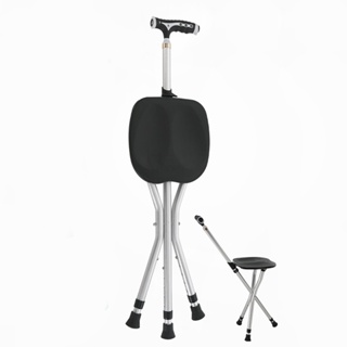 2in1 Folding Walking Stick Tripod Stool Adjustable Height Anti-Slip Elderly Walking Cane Crutch Chair Rest Stool with 00