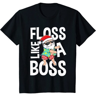 T-Shirt เสื้อยืดผ้าฝ้ายย้อนยุคพิมพ์ลาย Floss Like A Boss ซานตาคริสต์มาสสําหรับผู้ชาย ชุดคริสต์มาสใหม่