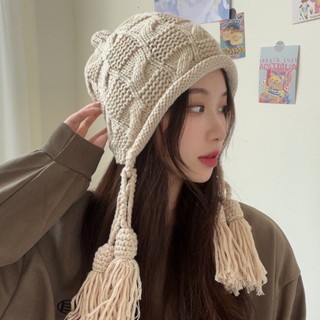 หมวกถักผ้าขนสัตว์น่ารักสีหวานมีจี้
