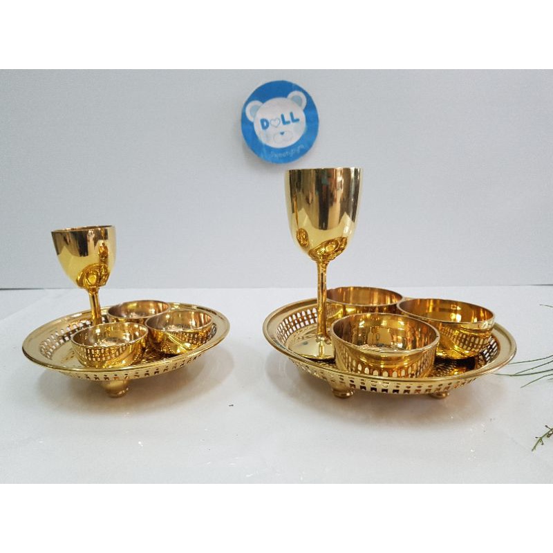 brass-byfa-ชุดถวาย-ถาดโปร่งม้วนขอบ-แก้วทรงสูง-6-8นิ้ว