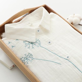 C26☊2020 ฤดูใบไม้ผลิสไตล์เกาหลีเสื้อเชิ้ตแขนยาวสีขาวของผู้หญิงผ้าฝ้ายบริสุทธิ์สไตล์เกาหลีหลวมเย็บปักถักร้อยสองชั้นผ้าฝ้า