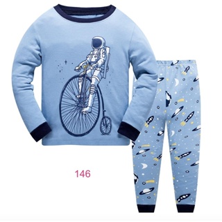 L-FAB-146 ชุดนอนเด็กชาย แนวเข้ารูป Slim Fit ผ้า Cotton 100% เนื้อบาง สีฟ้า ลายจักรยาน