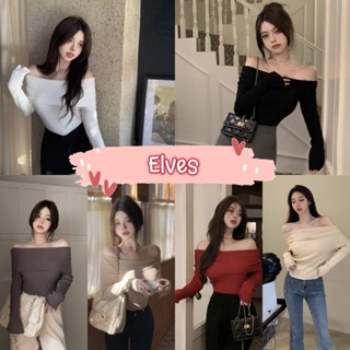 Elves✨พร้อมส่ง✨ เสื้อไหมพรมเปิดไหล่ แขนยาว ดีเทลผ้าร่อง ผ้านิ่มใส่สบาย ~M335/98117-1~