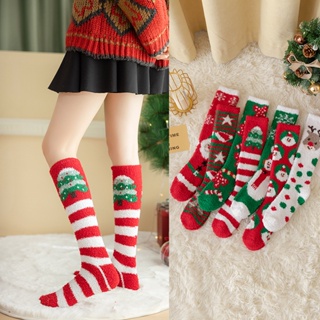 ถุงเท้ายาวถึงเข่า ผ้าฟลีซ แบบหนา ลายคริสต์มาส แฟชั่นฤดูหนาว สําหรับผู้หญิง 2022