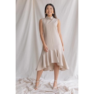 Leila Dress - Khaki ชุดเดรสแขนกุด ระบายชายกระโปปรง