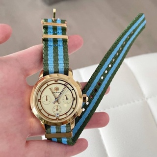 (ผ่อน0%) นาฬิกา TORY BURCH Blue &amp; Green Striped Woven Band Gold TBW1037 สายผ้า สีเขียวฟ้า หน้าปัดกลมสีทอง 37 cm.