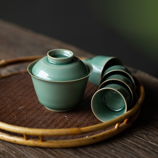 Yue Kiln Celadon ถ้วยชา พร้อมฝาปิด กันลวก ระดับไฮเอนด์ [A009]