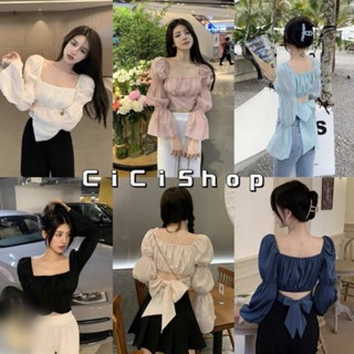 Cicishop(A96/D76)เสื้อครอปคอเหลี่ยม สม็อคแขน ดีเทลผูกโบว์ด้านหลัง น่ารัก
