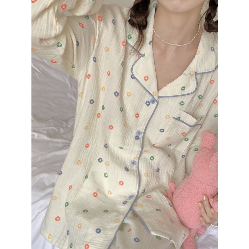 ชุดนอน-เสื้อคาร์ดิแกนแขนยาวผ้าฝ้ายสำหรับเด็กชุดใส่ในบ้านแบบหลวมสบายตาข่ายสำหรับสาวหวาน