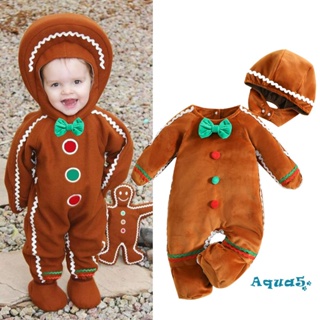 Aqq- ชุดจั๊มสูทรอมเปอร์แขนยาวลําลอง ลายคริสต์มาส ขนมปังขิง และหมวกน่ารัก สําหรับเด็กทารกแรกเกิดผู้ชาย และเด็กผู้หญิง