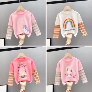 เสื้อยืดแขนยาว ผ้าฝ้าย ลายทาง แฟชั่นฤดูใบไม้ผลิ สําหรับเด็กผู้หญิง อายุ 2-6 ปี 2 ชิ้น