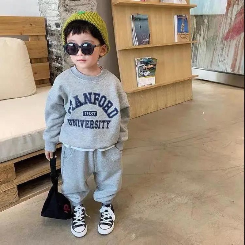 รุ่นฤดูใบไม้ผลิและฤดูใบไม้ร่วงของเด็กชาย-หนา-เสื้อกันหนาว-ชุดกีฬา-เสื้อผ้าเด็กพิมพ์จดหมายชุดสองชิ้น