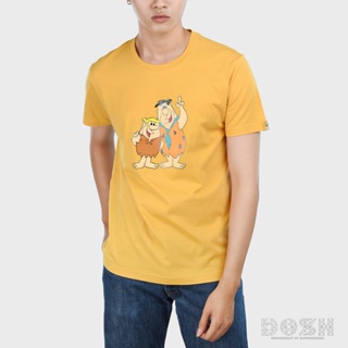 DOSH:MENS T-SHIRTSเสื้อยืดคอกลม แขนสั้น ผู้ชายและผู้หญิง สีเหลือง ลิขสิทธิ์พิมพ์ลายมนุษย์หิน FLINTSTONES รุ่นDFTMT5001