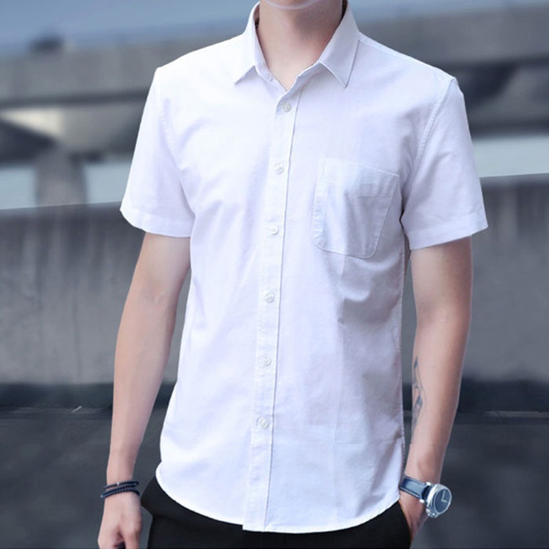 เสื้อเชิ้ตแขนสั้นลําลอง-คอปก-เข้ารูป-ระบายอากาศได้ดี-สีพื้น-แฟชั่นฤดูร้อน-สไตล์เกาหลี-สําหรับผู้ชาย