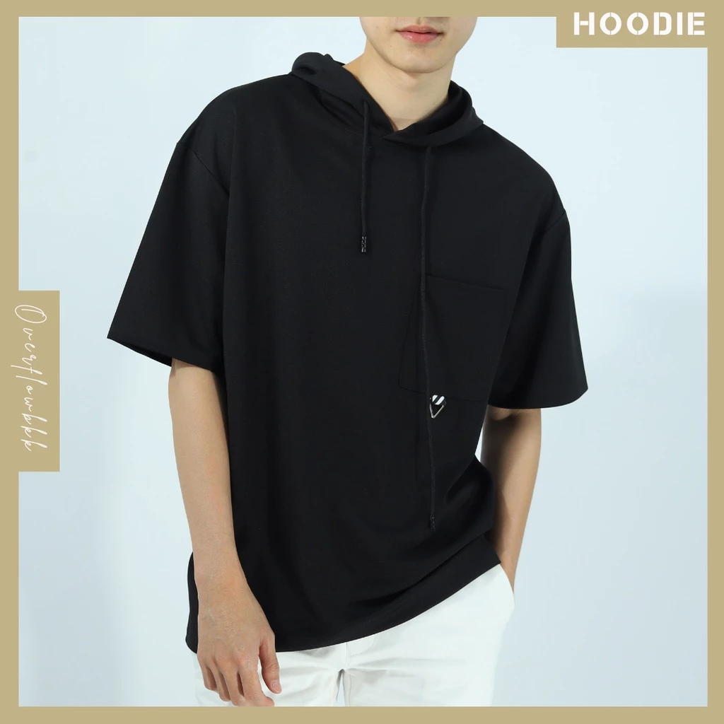 เสื้อยืดหมวกแขนสั้น ฮู้ดดี้ เสื้อแขนสั้น สีพื้น BASIC Hoodie สีกรมท่า แดง ดำ ขาว เขียว ชมพู มัสตาร์ด