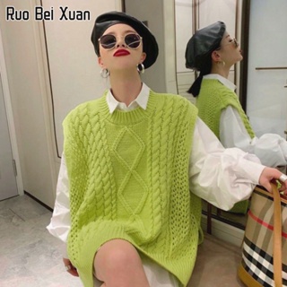 สินค้า RUO BEI XUAN เสื้อกันหนาวผู้หญิงหลวมสไตล์วิทยาลัยเสื้อกั๊กถักแขนกุดสีทึบเสื้อถัก Women