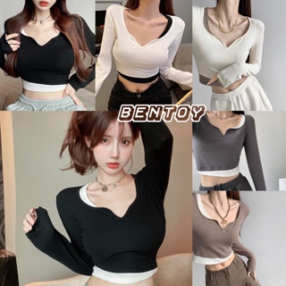 Bentoy(60106-1)เสื้อแขนยาวไหมพรม คอวี แต่งสองชั้น รัดรูป สไตล์เกาหลี