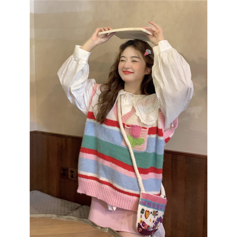 พร้อมส่ง-rainbow-cute-sweater-c3680-เสื้อสเวตเตอร์-เสื้อกันหนาว-เสื้อกันหนาวสไตล์เกาหลี-เสื้อกันหนาวมินิมอล