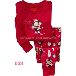 L-HUG-008 ชุดนอนเด็กหญิง แนวเข้ารูป Slim Fit ผ้า Cotton 100% เนื้อบาง สีแดง ลายลิง