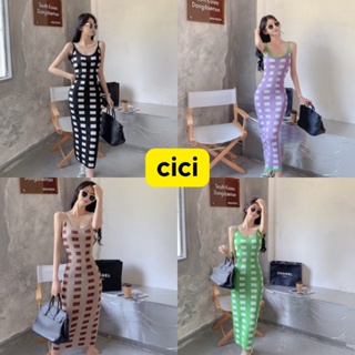 Cici(NO.1075)เดรสยาวสายเดี่ยวไหมพรมknit ดีเทลทอลายสลับสี ทรงcurveยืดได้เยอะ