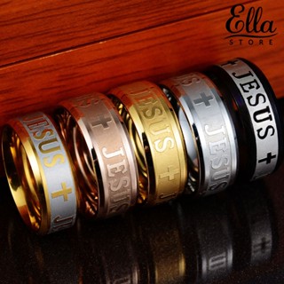 Ellastore123 แหวนสเตนเลส รูปไม้กางเขนพระเยซู และตัวอักษร เครื่องประดับ สําหรับผู้ชาย และผู้หญิง