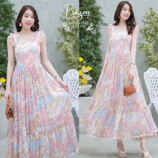 Maxi Dress แม็กซี่เดรสแขนกุด ผ้าชีฟองพิมพ์ลายดอกเอวสม็อคหลัง