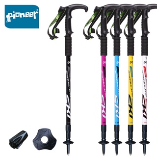 Pioneer 2 Pcs Hiking Poles With Anti-shock System T Handle Aluminum Alloy Trekking Cane Telescopic Adjustable Walking St